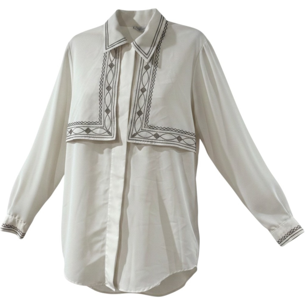 Vintage 90s White Embroidered Southwestern Artsy Eclectic Glam Button Up Blouse